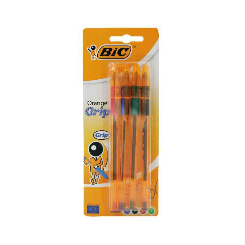 خودکار0/8 بسته4رنگ گریپ دار بدنه نارنجی فاین بیک 