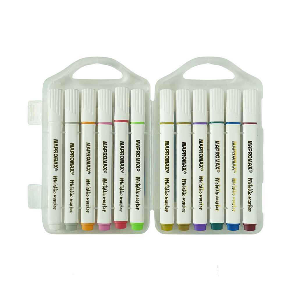 ماژیک12رنگ اکریلیکمتالیک سه گوش جعبه طلقی ماپرومکس کدma815