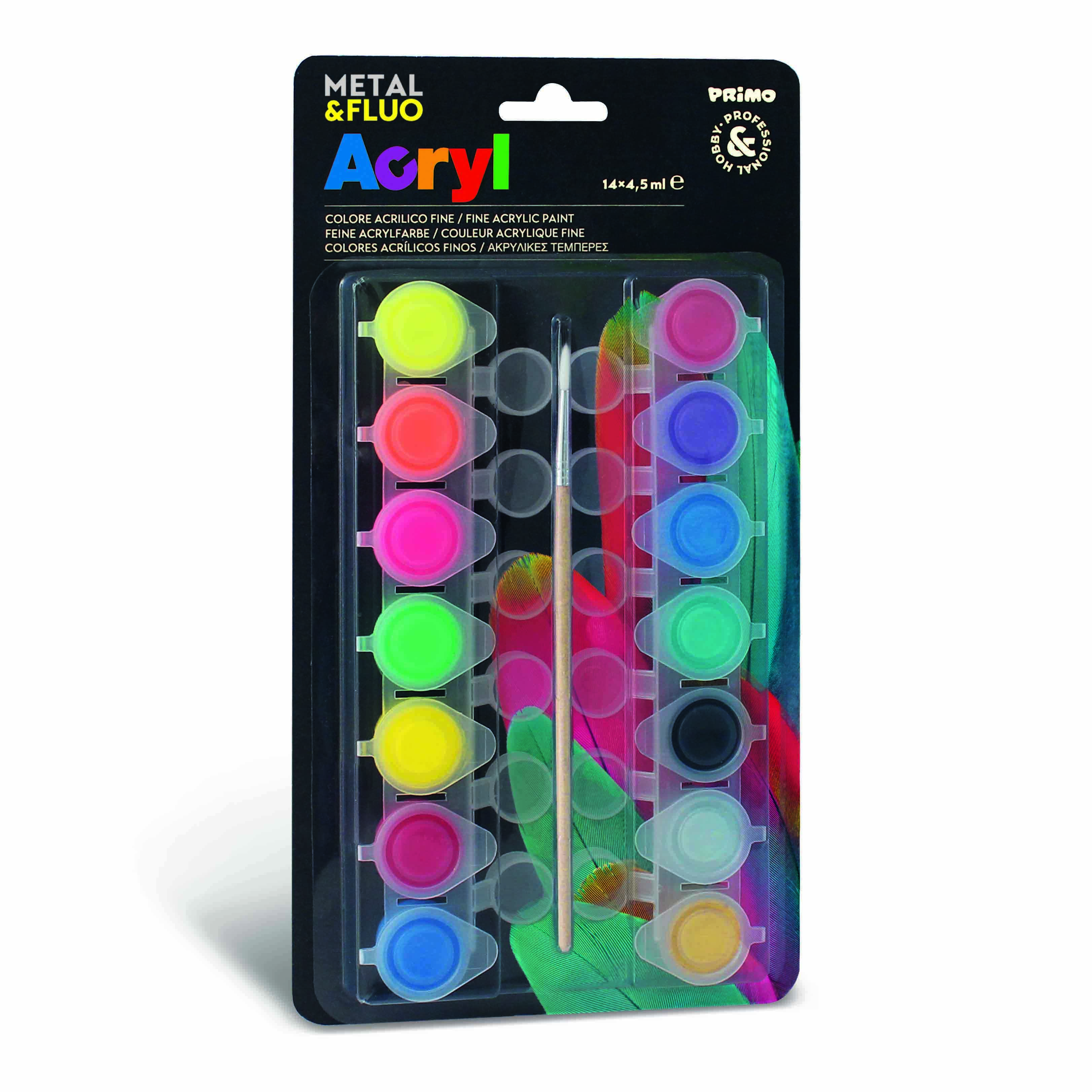 رنگ اکریلیک بلیستر14رنگ4/5میل +قلمو+رنگ متالیک و فلورسنت پریمو کد1612T14FM