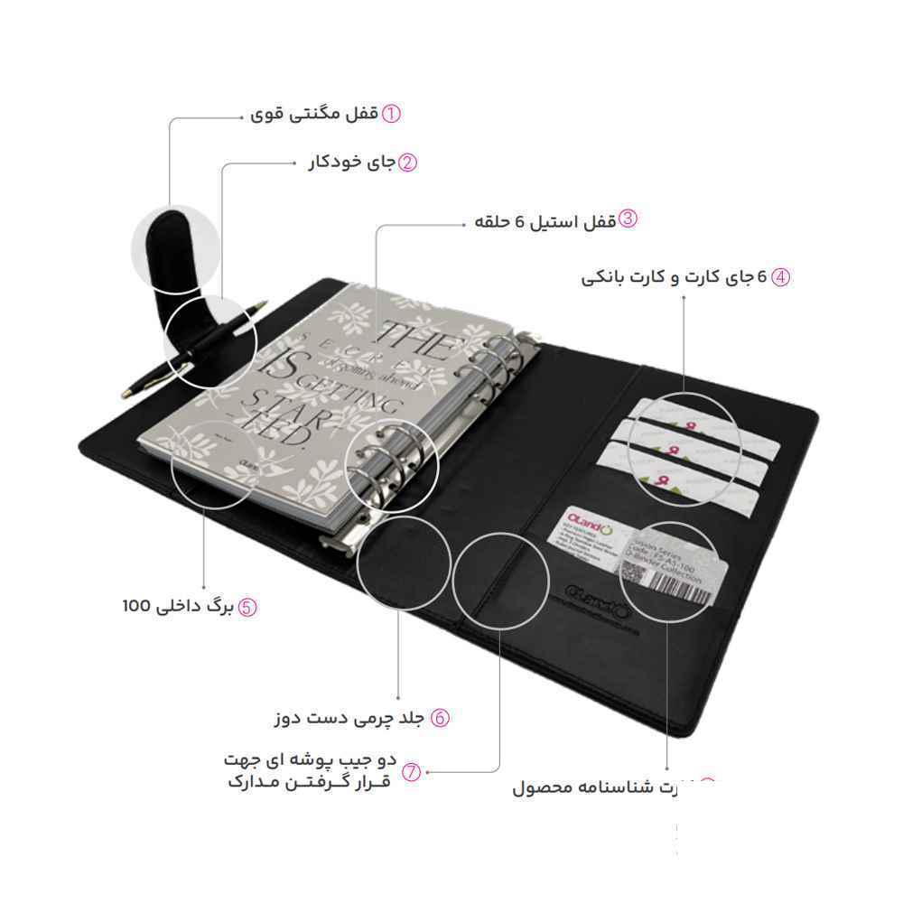 دفتر کلاسوری 100 برگ 6 حلقه جلد چرمی سری فیوژن الند سایز a5 کد fs-a5-100
