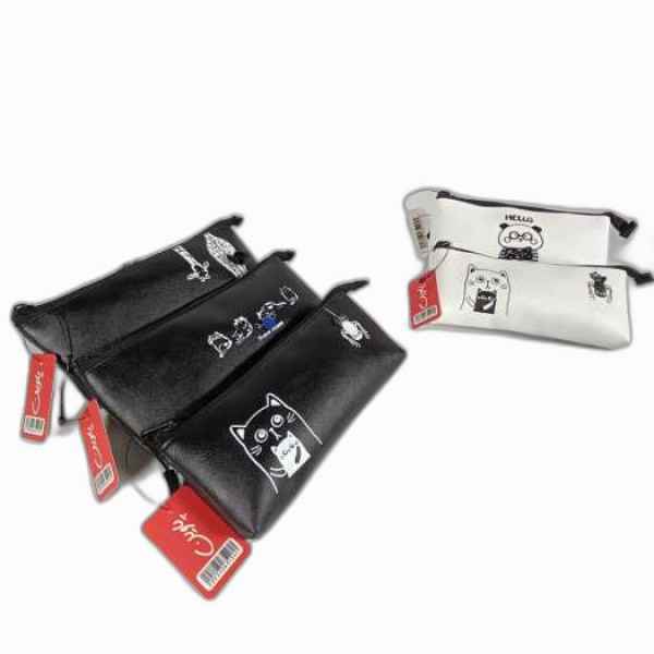 جامدادی فلت تک زیپ چرمی سیاه سفید پاوین 5 عددی